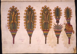 Plumas ceremoniales con figuras de lagartos y plantas — Anónimo novohispano (Códice Kingsborough)