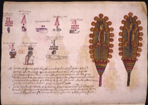 Páginas de códice con glifos y escritura náhuatl — Anónimo novohispano (Códice Kingsborough)