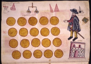 Códice de tributos: representación de monedas de oro — Anónimo novohispano (Códice Kingsborough)