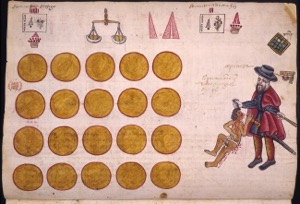 Códice con representaciones de tributos y un español cobrando — Anónimo novohispano (Códice Kingsborough)
