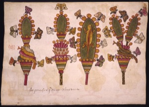 Ilustración de un códice: figuras fantásticas y mariposas — Anónimo novohispano (Códice Kingsborough)