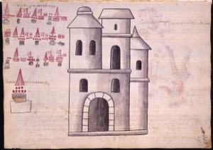 Edificio colonial con mapa de población y símbolos — Anónimo novohispano (Códice Kingsborough)