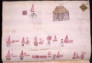 Página de un códice colonial con representación de arquitectura y tributos