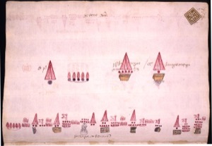 Diagrama de fortificaciones y tropas con inscripciones — Anónimo novohispano (Códice Kingsborough)