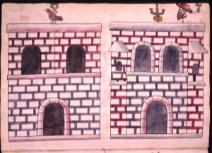 Dibujo de dos edificios coloniales con decoraciones — Anónimo novohispano (Códice Kingsborough)