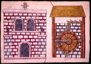Edificio con dos niveles y rueda hidráulica — Anónimo novohispano (Códice Kingsborough)