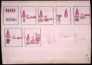 Códice Mendocino: — Representación de tributos de mazorcas y otros bienes — Anónimo novohispano (Códice Kingsborough)