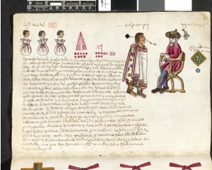 Códice Mendoza: — Representación de un tributo y dos personajes — Anónimo novohispano (Códice Kingsborough)