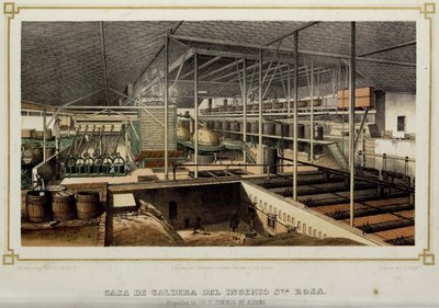 Producción azucarera en Cuba: interior de la Casa de Caldera del Ingenio Santa Rosa — No identificado