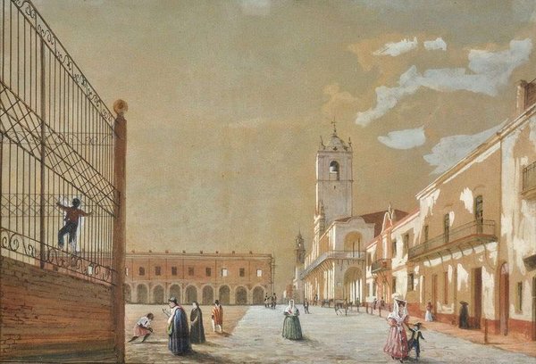 Plaza con arquitectura colonial y gente — Charles Henri Pellegrini