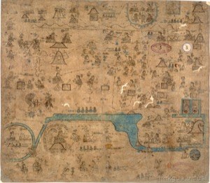 Mapa de tributos y genealogía de Códice Colonial — Anónimo tlacuilo texcocano (Códice Xólotl)