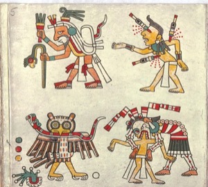 Figuras de códices prehispánicos con representaciones mitológicas — Tlacuilo anónimo, tradición mixteca-puebla (Códice Laud)