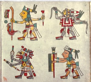 Figuras de guerreros aztecas con atavíos ceremoniales y armas — Tlacuilo anónimo, tradición mixteca-puebla (Códice Laud)