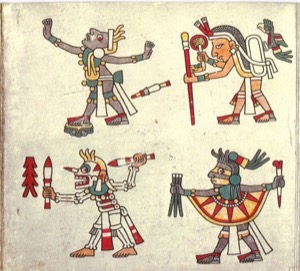 Figuras prehispánicas con adornos y armas — Tlacuilo anónimo, tradición mixteca-puebla (Códice Laud)