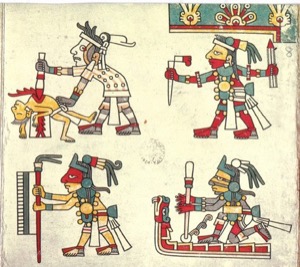 Ilustración prehispánica de rituales y guerreros aztecas — Tlacuilo anónimo, tradición mixteca-puebla (Códice Laud)