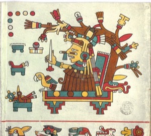 Figura Mitológica Azteca Sentada en un Trono con Símbolos — Tlacuilo anónimo, tradición mixteca-puebla (Códice Laud)