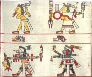Páginas de un Códice Prehispánico: Figuras Humanas y Simbología — Tlacuilo anónimo, tradición mixteca-puebla (Códice Laud)