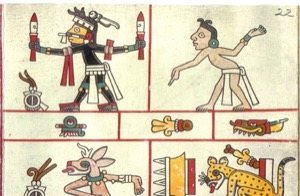 Ilustración de códice prehispánico con figuras antropomorfas y zoomorfas — Tlacuilo anónimo, tradición mixteca-puebla (Códice Laud)