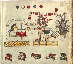 Códice Borbónico: — Escena ritual y figuras zoomorfas — Anónimo tlacuilo mexica (Códice Borbónico)