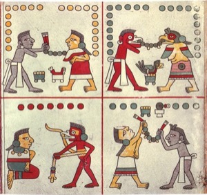 Ilustraciones de códices mesoamericanos: Ritual y vida social — Tlacuilo anónimo, tradición mixteca-puebla (Códice Laud)