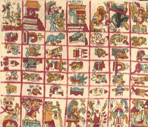 Páginas de un códice prehispánico con glifos y figuras — Tlacuilo anónimo, tradición mixteca-puebla (Códice Vaticanus B)