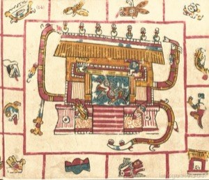 Templo Mexica con serpientes y figuras divinas