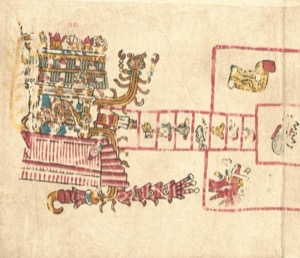 Códice de estilo mesoamericano: Escena con templo y figuras — Tlacuilo anónimo, tradición mixteca-puebla (Códice Vaticanus B)