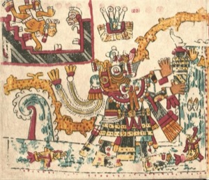Deidad mexica con ofrendas y símbolos acuáticos — Tlacuilo anónimo, tradición mixteca-puebla (Códice Vaticanus B)