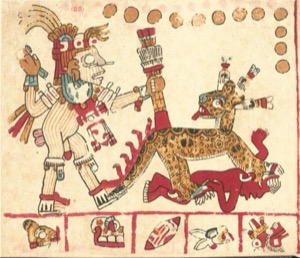 Guerrero azteca enfrentando a un jaguar — Tlacuilo anónimo, tradición mixteca-puebla (Códice Vaticanus B)