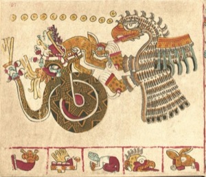 Ilustración de Quetzalcóatl luchando contra un águila azteca — Tlacuilo anónimo, tradición mixteca-puebla (Códice Vaticanus B)