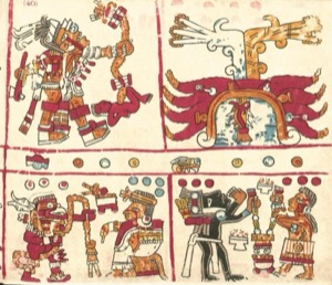 Ilustraciones de códice precolombino: guerrero, deidades y escenas rituales — Tlacuilo anónimo, tradición mixteca-puebla (Códice Vaticanus B)