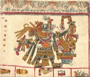 Figura mitológica azteca con elaborados ornamentos — Tlacuilo anónimo, tradición mixteca-puebla (Códice Vaticanus B)