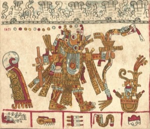 Deidad Azteca con Atuendos Ceremoniales y Glifos — Tlacuilo anónimo, tradición mixteca-puebla (Códice Vaticanus B)