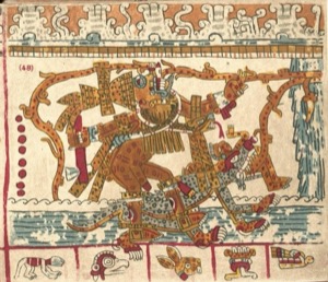 Escena mitológica con figuras antropomorfas y zoomorfas — Tlacuilo anónimo, tradición mixteca-puebla (Códice Vaticanus B)