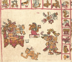 Fragmento de códice azteca con deidades y figuras humanas — Tlacuilo anónimo, tradición mixteca-puebla (Códice Vaticanus B)