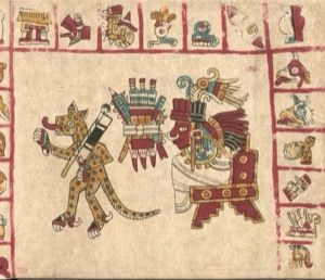 Fragmento de códice mexica con deidades y símbolos — Tlacuilo anónimo, tradición mixteca-puebla (Códice Vaticanus B)