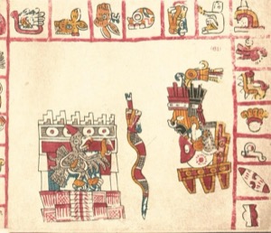Ilustración de códice prehispánico con figuras mitológicas y calendáricas — Tlacuilo anónimo, tradición mixteca-puebla (Códice Vaticanus B)