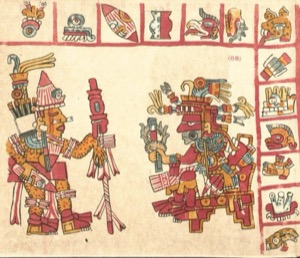 Ilustración prehispánica: Sacerdotes o guerreros con tocados ornamentados — Tlacuilo anónimo, tradición mixteca-puebla (Códice Vaticanus B)