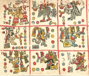 Páginas de un Códice Maya con Glifos y Figuras Antropomorfas — Tlacuilo anónimo, tradición mixteca-puebla (Códice Vaticanus B)