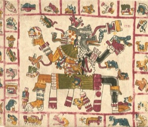 Representación de deidad mexica con glifos y escenas — Tlacuilo anónimo, tradición mixteca-puebla (Códice Vaticanus B)
