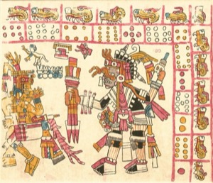 Escena mitológica mexica con deidades y símbolos calendáricos — Tlacuilo anónimo, tradición mixteca-puebla (Códice Vaticanus B)