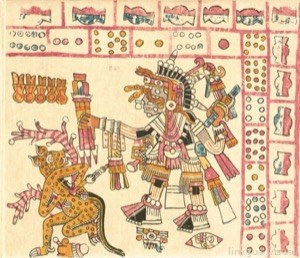 Deidad azteca y jaguar en códice — Tlacuilo anónimo, tradición mixteca-puebla (Códice Vaticanus B)