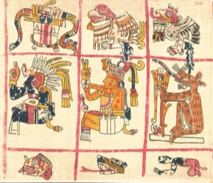 Páginas de un Códice Mesoamericano con Figuras Mitológicas y Animales — Tlacuilo anónimo, tradición mixteca-puebla (Códice Vaticanus B)