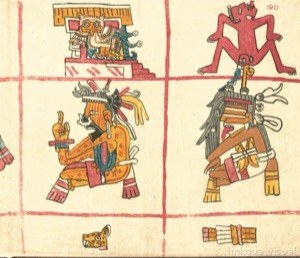 Ilustración de códice prehispánico con deidades y figuras antropomorfas