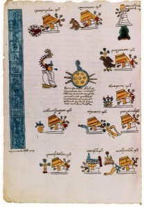 Página de Códice Indígena con Figuras y Glifos — Anónimo tlacuilo mexica (Códice Mendoza)