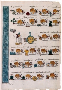 Página de códice precolombino con representaciones calendáricas y glifos — Anónimo tlacuilo mexica (Códice Mendoza)