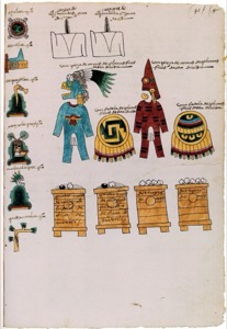 Códice de tributos aztecas con glifos y figuras — Anónimo tlacuilo mexica (Códice Mendoza)