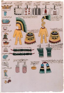 Ilustración de atuendos y ofrendas mesoamericanas — Anónimo tlacuilo mexica (Códice Mendoza)