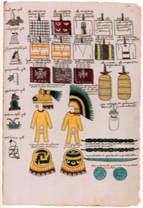 Códice Tovar: — Vestimentas y Estandartes de Guerrero Azteca — Anónimo tlacuilo mexica (Códice Mendoza)