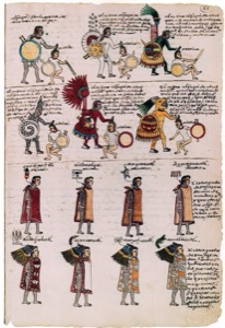 Ilustración de guerreros y nobles aztecas — Anónimo tlacuilo mexica (Códice Mendoza)